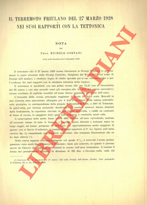 Il terremoto friulano del 27 marzo 1928 nei suoi rapporti con la tettonica. - GORTANI Michele -