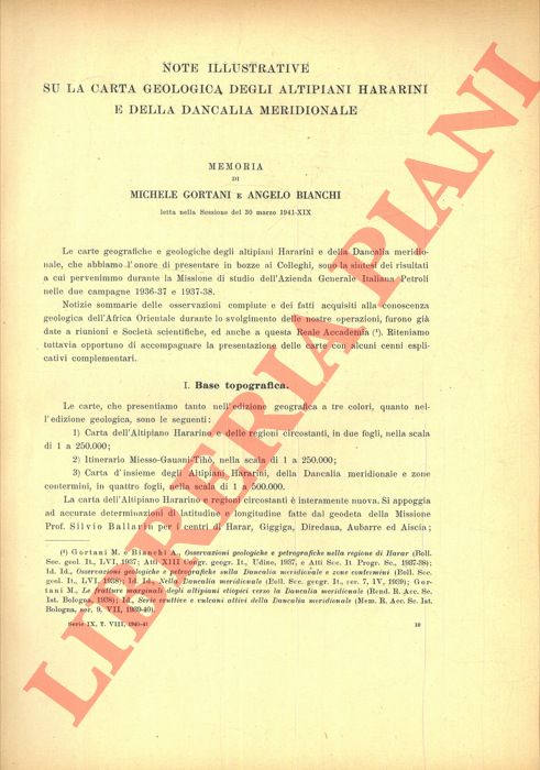 Note illustrative su la carta geologica degli Altipiani Hararini e della Dancalia Meridionale. - GORTANI Michele - BIANCHI Angelo -