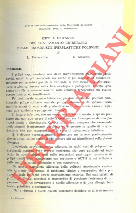 Esiti a distanza del trattamento chirurgico delle rinosinusiti iperplatiche polipoidi. - PIETRANTONI L. - MANZINI R. -