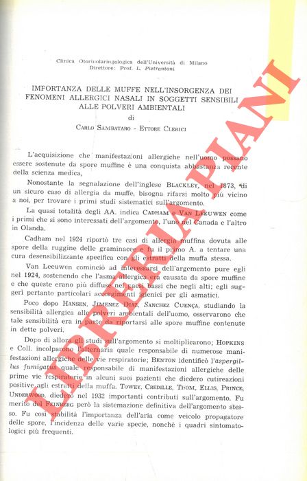 Importanza delle muffe nell'insorgenza dei fenomeni allergici nasali in soggetti sensibili alle polveri ambientali. - SAMBATARO Carlo - CLERICI Ettore -