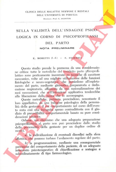 Sulla validit dell'indagine psicologica in corso di psicoprofilassi del parto. - MORETTI E. - FEDERICI F. -