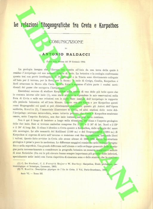 BALDACCI Antonio - - Le relazioni fitogeografiche fra Creta e Karpathos.