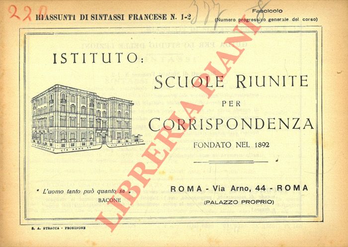 Istituto Scuole Riunite per Corrispondenza. - Riassunti di sintassi francese, n. 1-2, 3-4, 5-6.