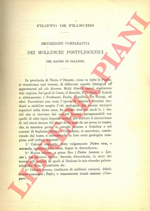 DE FRANCHIS F.(ilippo) - - Descrizione comparativa dei Molluschi postpliocenici del bacino di Galatina.