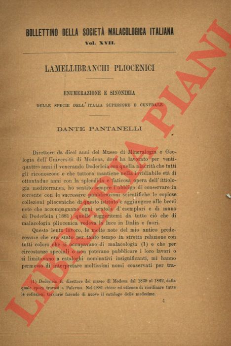 PANTANELLI Dante - - Lamellibranchi pliocenici. Enumerazione o Sinonimia delle specie dell'Italia Superiore e Centrale.