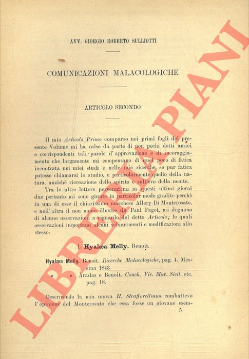 SULLIOTTI Giorgio Roberto - - Comunicazioni malacologiche. Articolo Secondo.