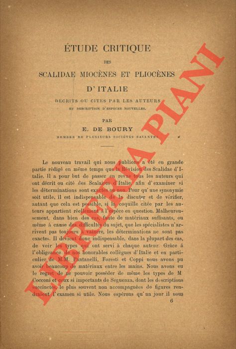 BOURY E. de - - Etude critique des Scalides miocnes et pliocnes d'Italie.