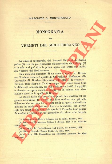 MONTEROSATO, Marchese di - - Monografia dei Vermeti del Mediterraneo.