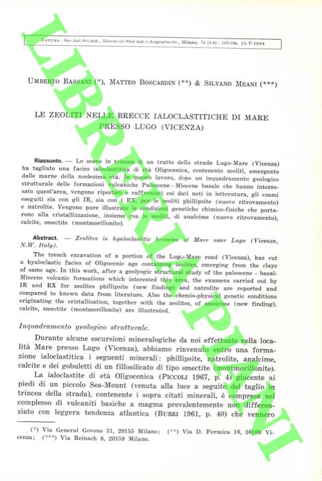 BASSANI Umberto - BOSCARDIN Matteo - MEANI Silvano - - Le zeoliti nelle brecce ialoclastitiche di Mare presso Lugo (Vicenza) .