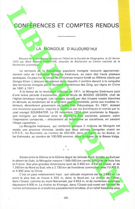HAMAYON Roberte - - La Mongolie d'aujourd'hui.