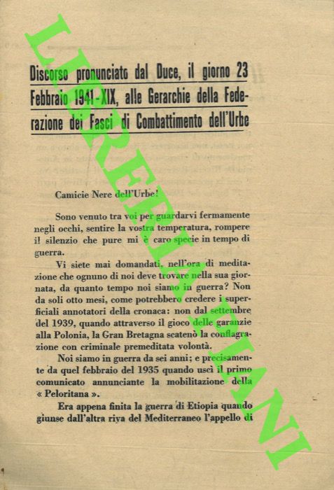 - - Discorso pronunciato dl Duce, il giorno 23 febbraio 1941-XIX alle Gerarchie della Federazione dei Fasci di Combattimento dell'Urbe.