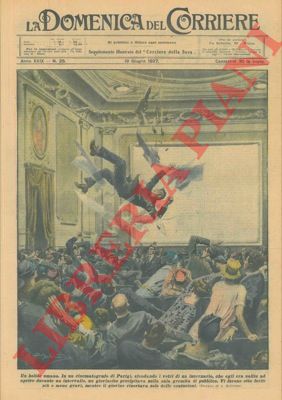 BELTRAME A. - - In un cinematografo di Parigi, sfondando i vetri di un lucernaio, un giovinotto precipita nella sala gremita di pubblico.