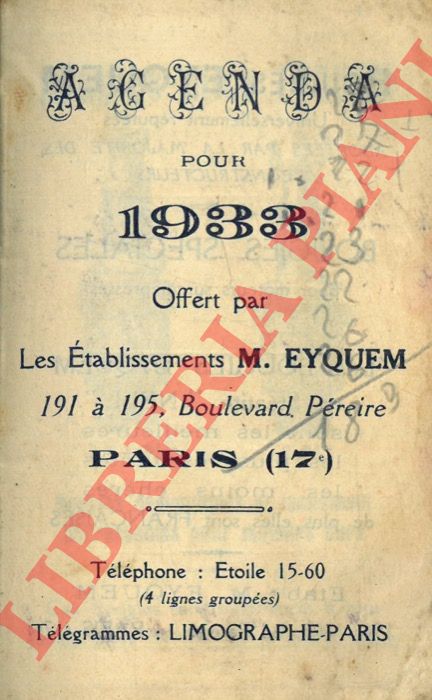 Les Etabilssements M. EYQUEM. Paris  - - Agenda pour 1933.