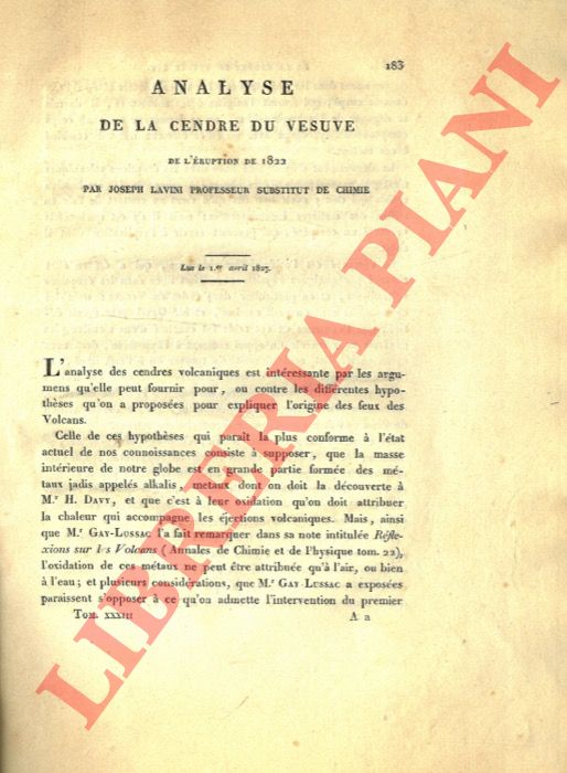 LAVINI Joseph - - Analyse de la cendre du Vesuve de l'eruption de 1822.