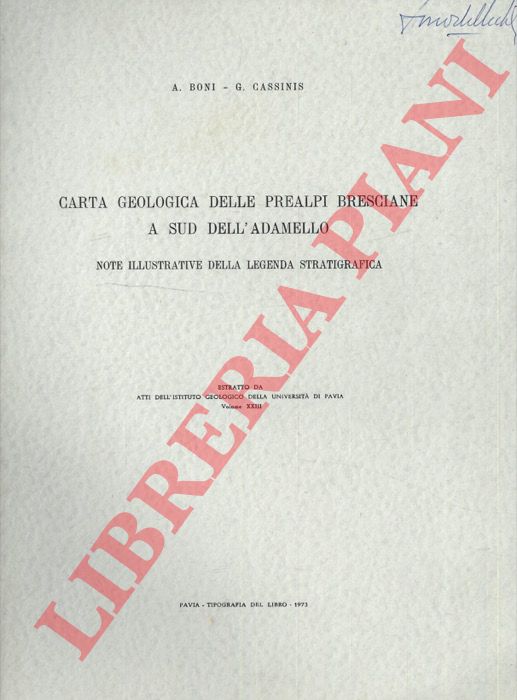 BONI A. - CASSINIS G. - - Carta geologica delle Prealpi Bresciane a Sud dell'Adamello. Note illustrative della legenda stratigrafica.