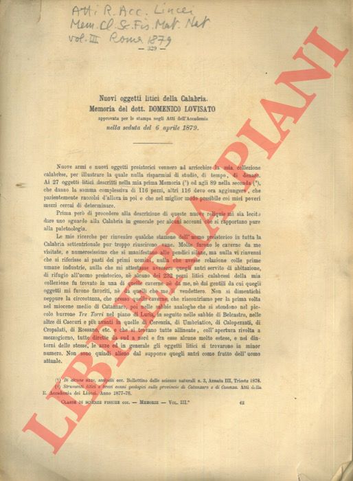 LOVISATO Domenico - - Nuovi oggetti litici della Calabria.