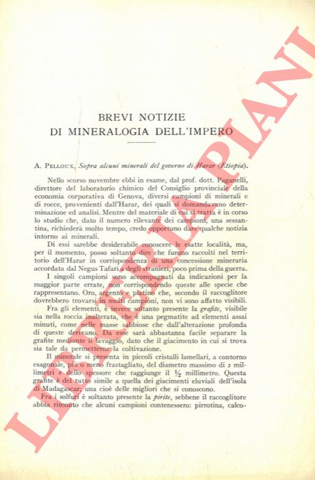 PELLOUX A. - - Sopra alcuni minerali del governo di Harar (Etiopia) .