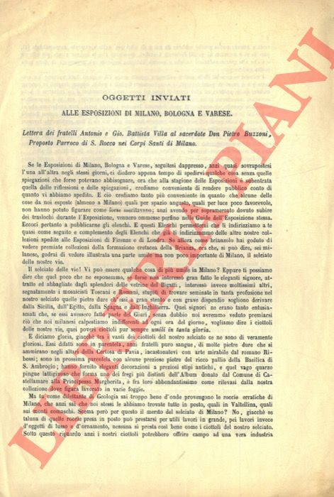 Fratelli Antonio e Gio Battista Villa - - Oggetti inviati alle esposizioni di Milano, Bologna e Varese. Lettera dei fratelli Antonio e Gio. Battista Villa al sacerdote Don Pietro Buzzoni, Proposto Parroco di S. Rocco nei Corpi Santi di Milano.