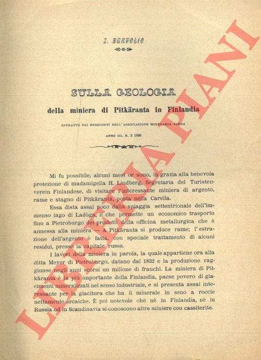 BERTOLIO S. - - Sulla Geologia della miniera di Pitkaranta in Finlandia.
