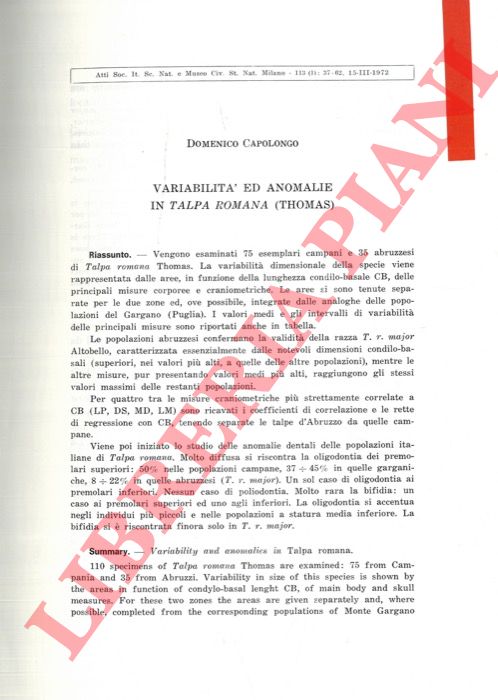 CAPOLONGO Domenico - - Variabilit ed anomalie in Talpa romana (Thomas) .