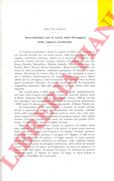 POLLACCI Gino - - Provvedimenti per la tutela della selvaggina nella Liguria occidentale.