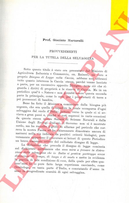 MARTORELLI Giacinto - - Provvedimenti per la tutela della selvaggina.