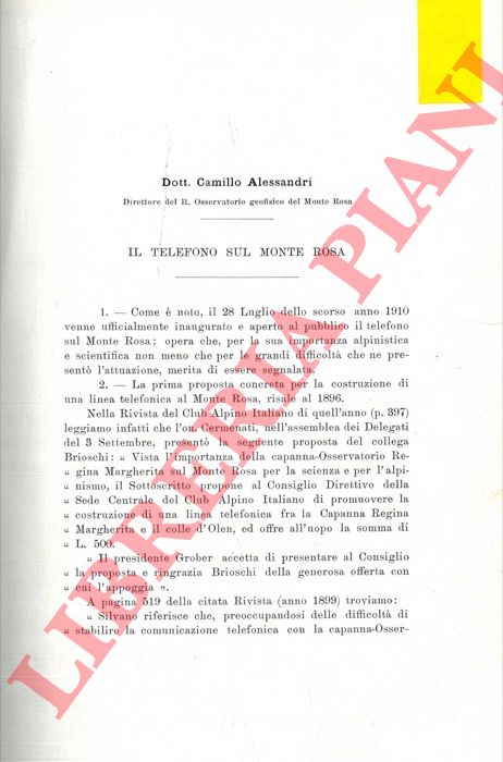 ALESSANDRI Camillo - - Il telefono sul Monte Rosa.