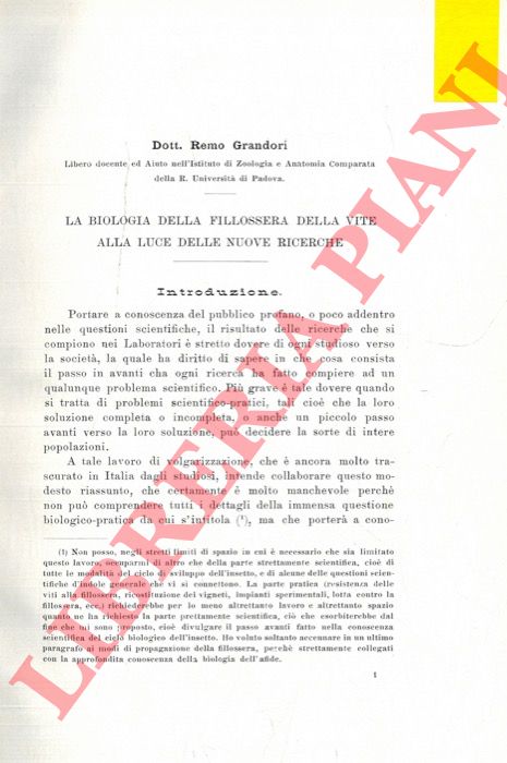 GRANDORI Remo - - La biologia della Filossera della vite alla luce delle nuove ricerche.