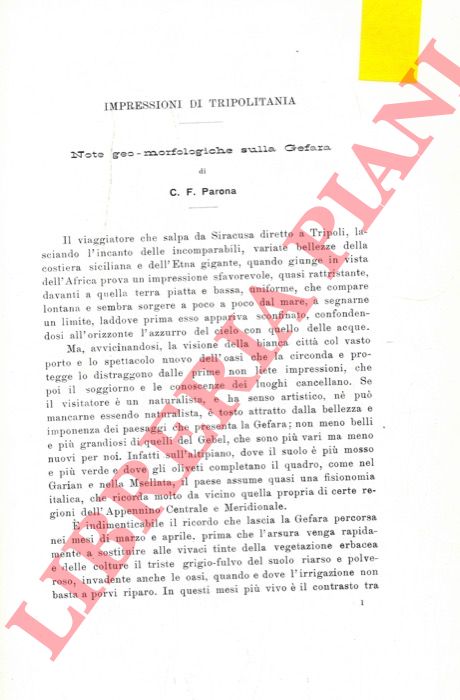 PARONA G.F. - - Impressioni di Tripolitania. Note geomorfologiche sulla Gefara.
