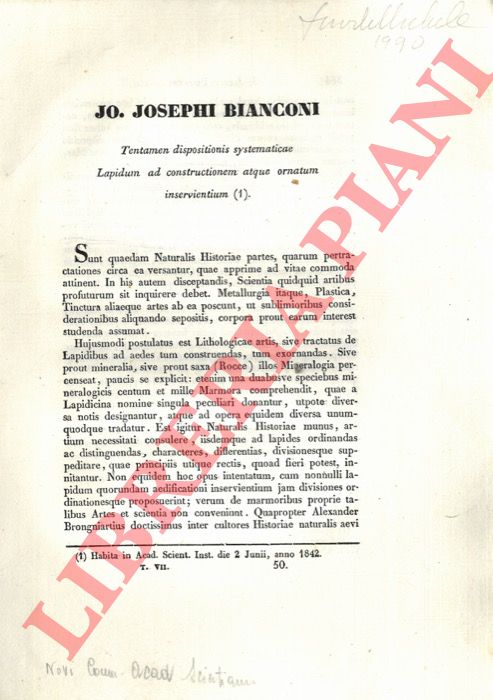 BIANCONI G. Giuseppe - - Tentamen dispositionibis systematicae Lapidum ad constructionem atque ornatum inservientium.