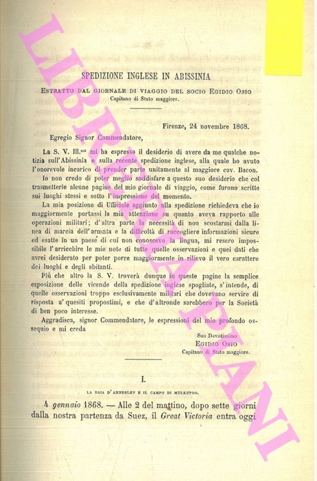OSIO Egidio - - Spedizione inglese in Abissinia. Estratto dal Giornale di Viaggio del Socio Egidio Onio Capitano di Stato maggiore.