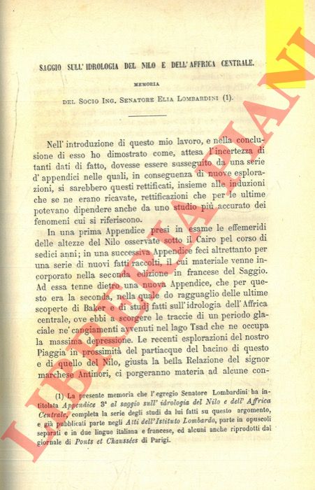 LOMBARDINI Elia - - Saggio sull'idrologia del Nilo e dell'Africa Centrale.
