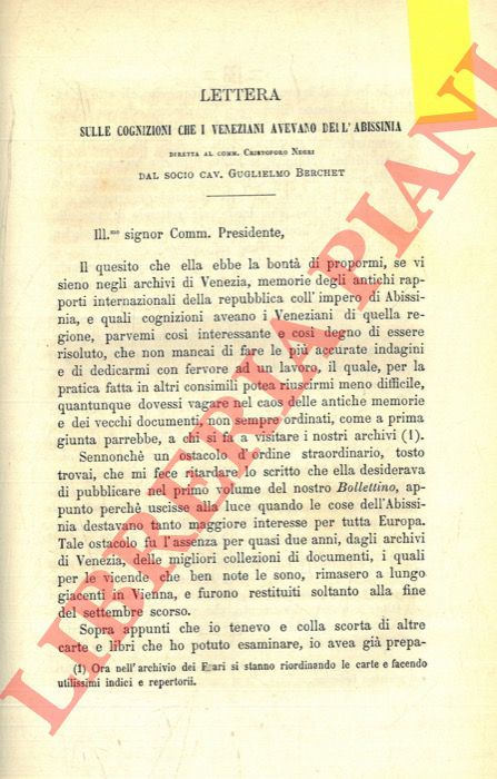 BERCHET Guglielmo - - Lettera sulle cognizioni che i Veneziani avevano dell'Abissinia diretta al Comm. Cristoforo Negri dal Socio Cav. Guglielmo Berchet.