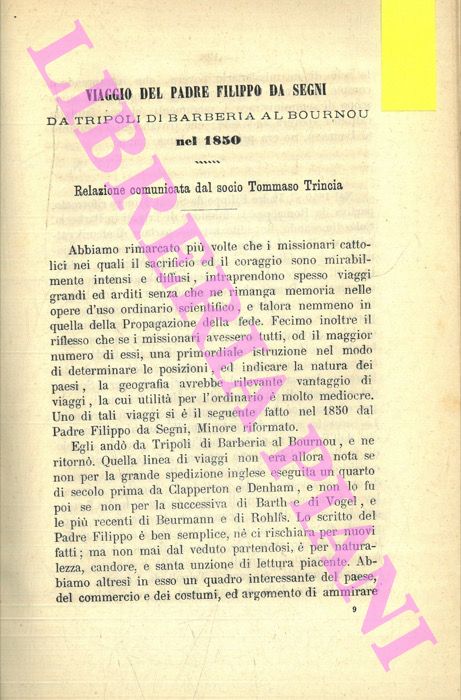 DA SEGNI Filippo - TRINCIA Tommaso - - Viaggio del Padre Filippo da Segni, da Tripoli di Barberia al Bournou nel 1850.