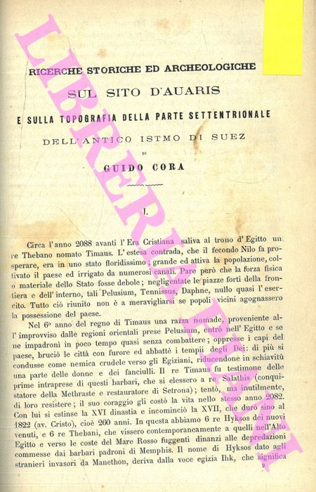 CORA Guido - - Ricerche storiche ed archeologiche sul sito d'Auaris e sulla topografia della parte settentrionale dell'antico istmo di Suez.