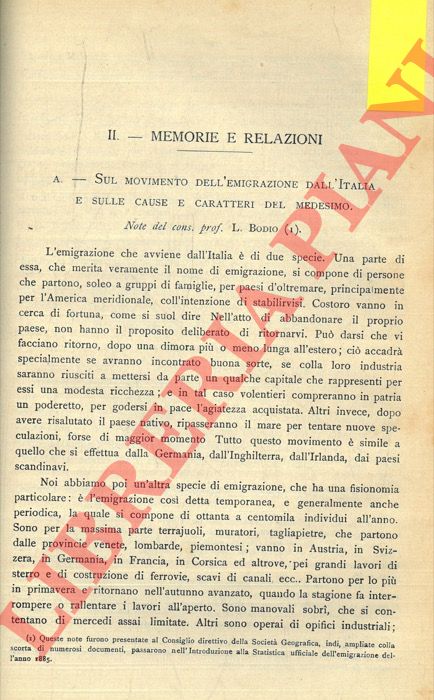 BODIO L. - - Sul movimento dell'emigrazione dall'Italia e sulle cause e caratteri del medesimo.