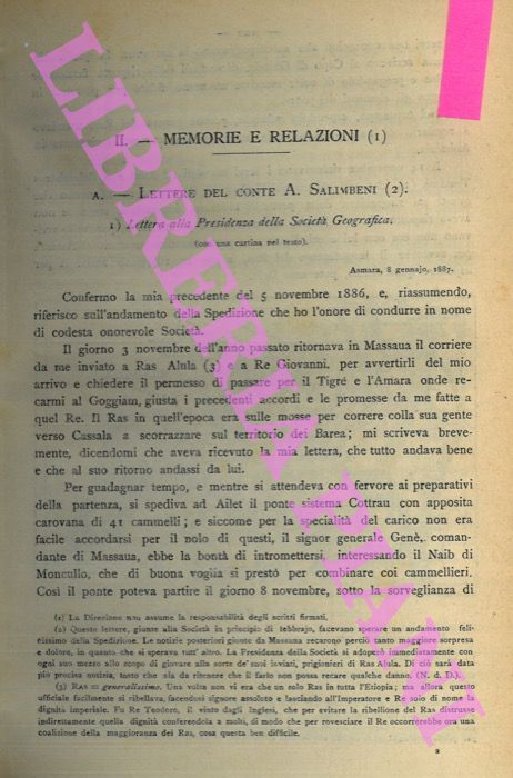 SALMIBENI A. - - Lettere del conte A. Salimbeni. La spedizione Salimbeni.