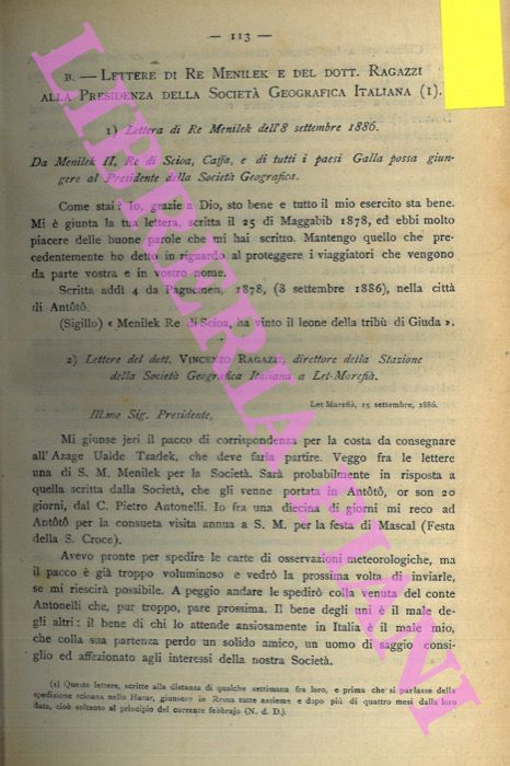 RAGAZZI V. - - Lettere di Re Menelik e del dott. Ragazzi alla Presidenza della Societ Geografica Italiana.