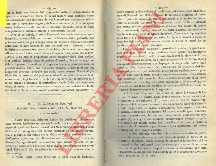 RAINERI S. - - Il canale di Corinto secondo una memoria del cav. S. Raineri.