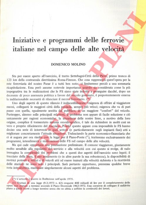 MOLINO Domenico - - Iniziative e programmi delle ferrovie italiane nel campo delle alte velocit.