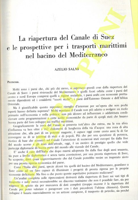 SALMI Azelio - - La riapertura del canale di Suez e le prospettive per i trasporti marittimi nel bacino del Mediterraaneo.