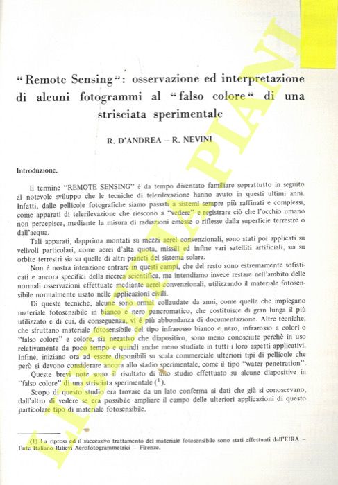D'ANDREA R. - NEVINI R. - - 'Remote sensing' : osservazione ed interpretazione di alcuni fotogrammi al 'falso colore' di una strisciata sperimentale.
