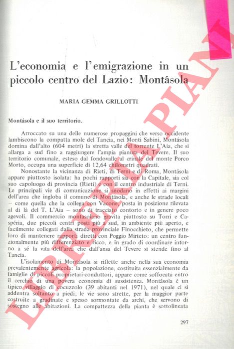GRILLOTTI Maria Gemma - - L'economia e l'emigrazione in un piccolo centro del Lazio: Montasola.
