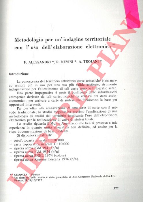 ALESSANDRI F. - NEVINI R. - TROIANI A. - - Metodologia per un'indagine territoriale con l'uso dell'elaborazione elettronica.