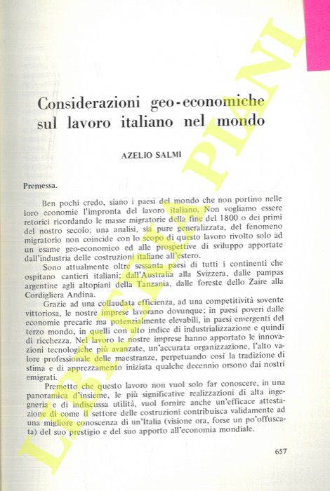 SALMI Azelio - - Considerazioni geo-economiche sul lavoro italiano nel mondo.