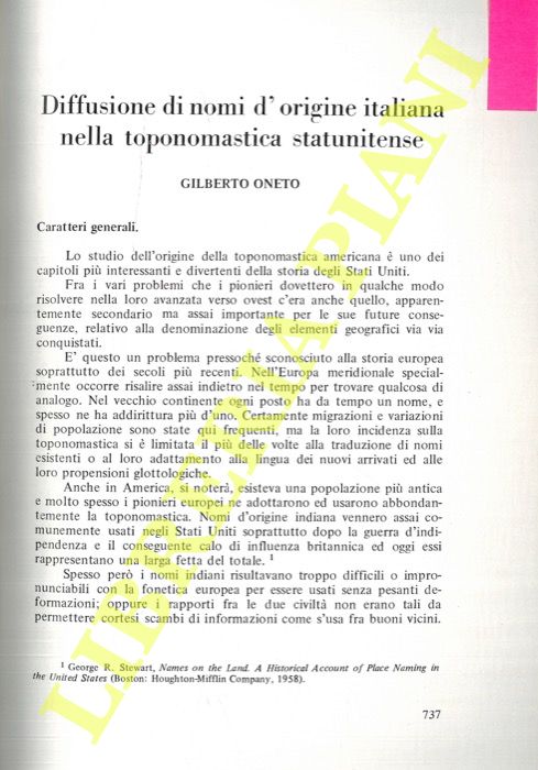 ONETO Gilberto - - Diffusione di nomi d'origine italiana nella toponomastica statunitense.