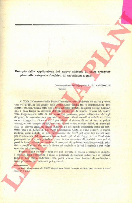 MAGGIONI L. G. - - Esempio della applicazione del nuovo sistema di paga praemium plane alla categoria fuochisti di una officina a gas.