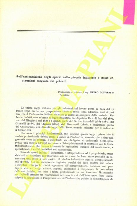 OLIVIERI Pietro - - Sull'assicurazione degli operai nelle piccole industrie e nelle costruzioni eseguite dai privati.