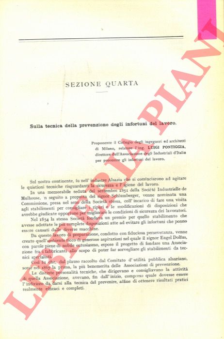 PONTIGGIA Luigi - - Sulla tecnica della prevenzione degli infortuni del lavoro.