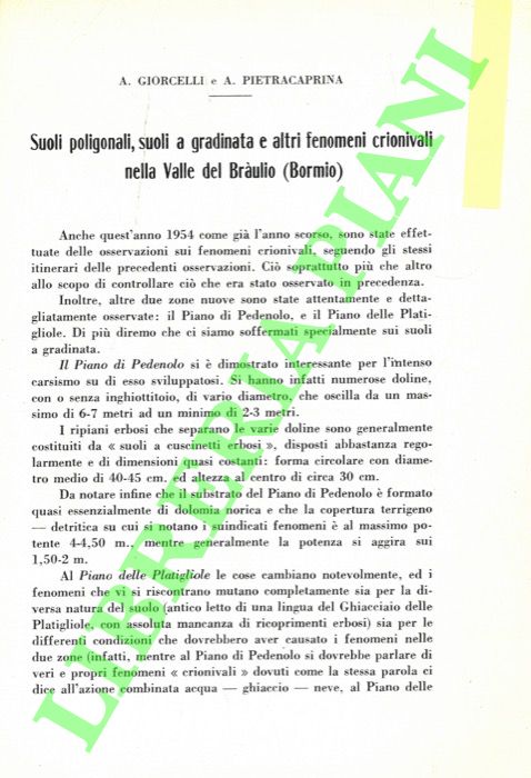 GIORCELLI A. - PIETRACAPRINA A. - - Suoli poligonali, suoli a gradinata e altri fenomeni crionivali nella Valle del Braulio (Bormio) .